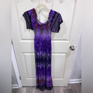 Julia Silk Blend Short Sleeve Maxi Dress Purple Red Stretchy